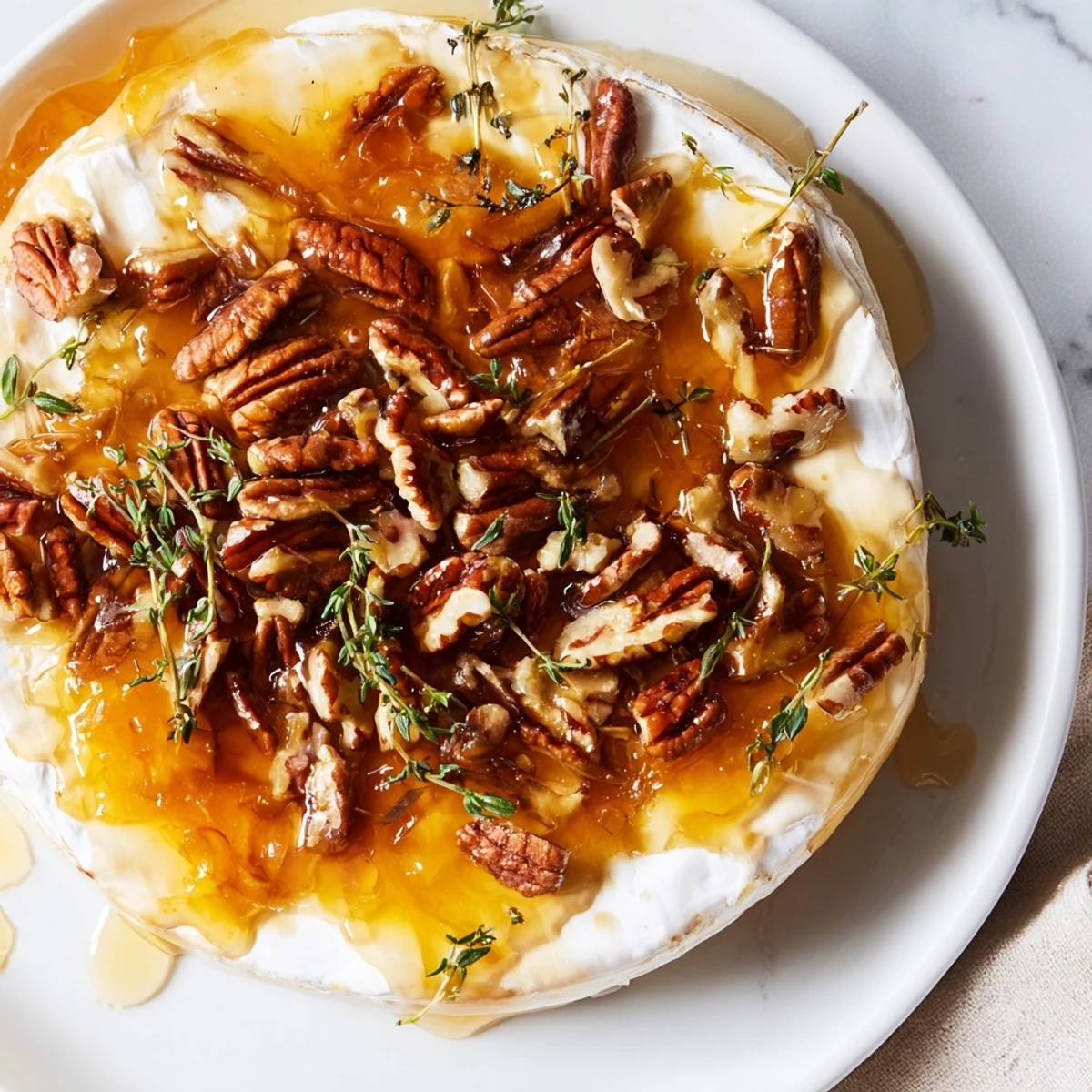 A warm, gooey wheel of Baked Brie with Apricot Preserves and Pecans, topped with sweet preserves and crunchy toasted pecans on a wooden board.