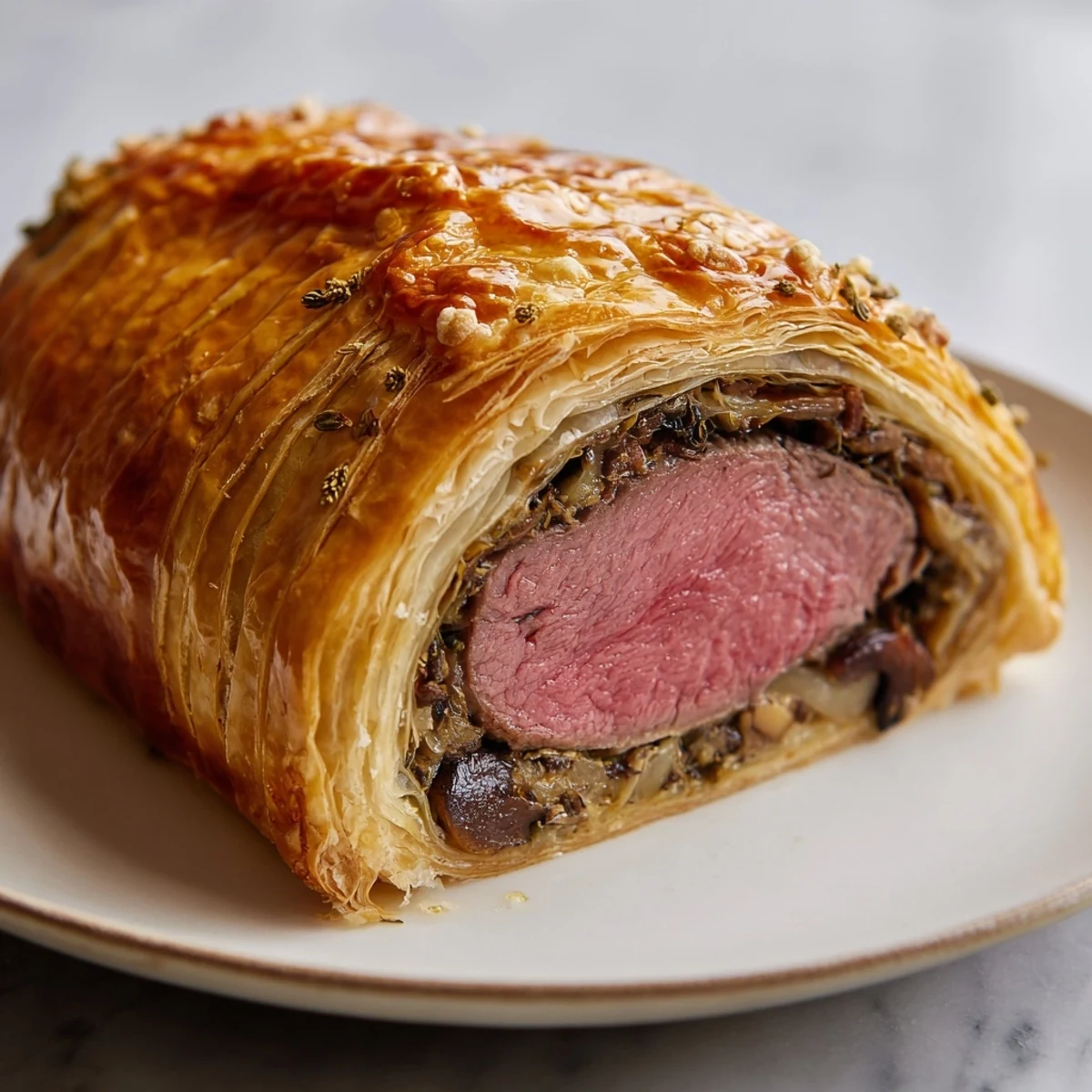 A plated slice of homemade Beef Wellington sits beside a glass of red wine and roasted potatoes, ready for a special Sunday dinner.