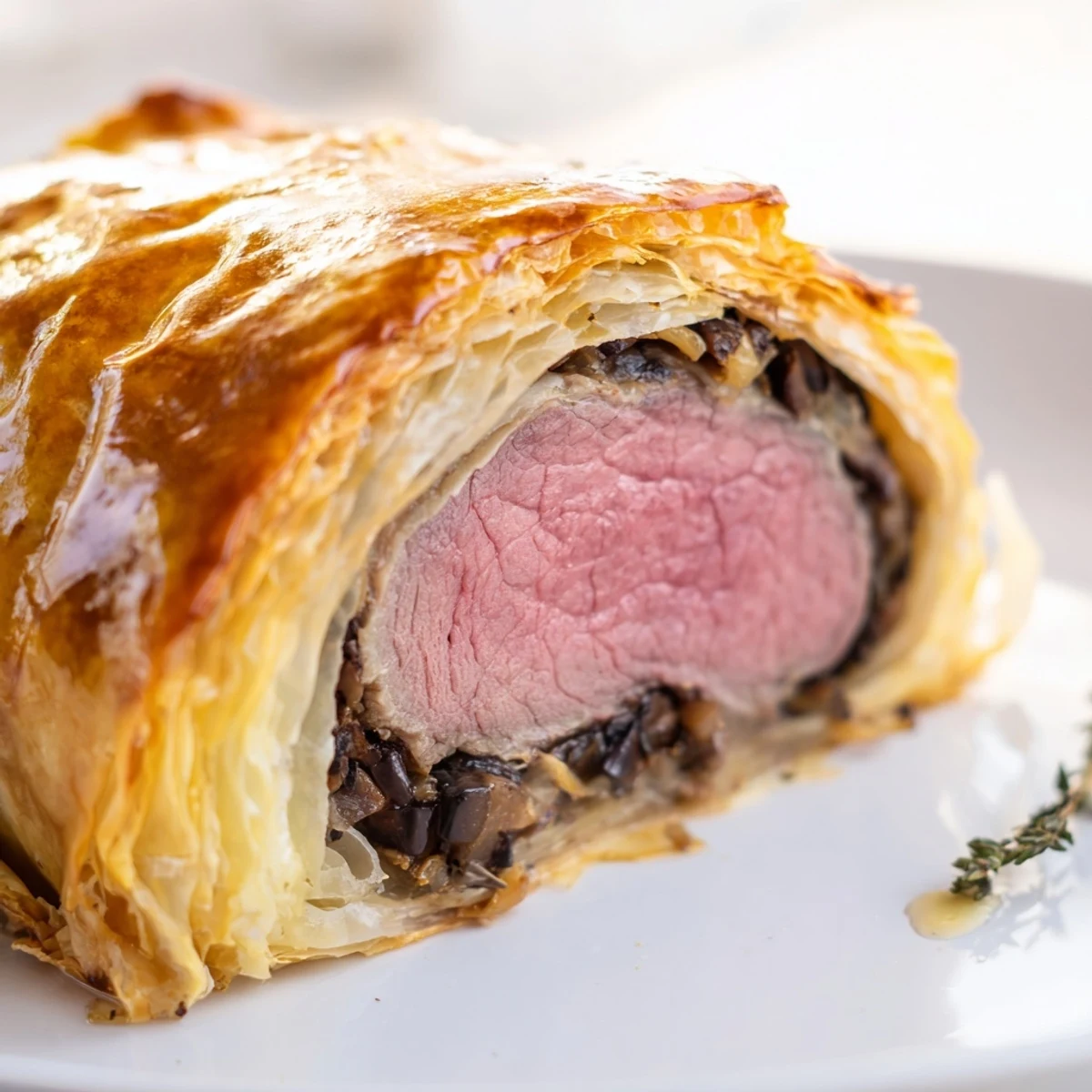 Freshly baked Beef Wellington rests on a wooden cutting board, showcasing its crisp, golden crust with steam rising from the tender interior.