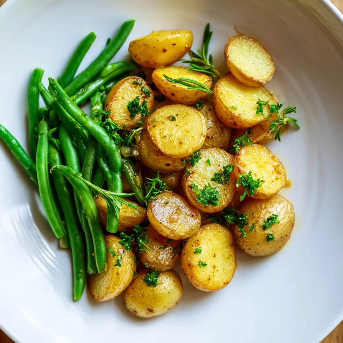 Golden roasted baby potatoes and vibrant green beans tossed with fragrant garlic and fresh herbs, served steaming hot on a rustic platter.  