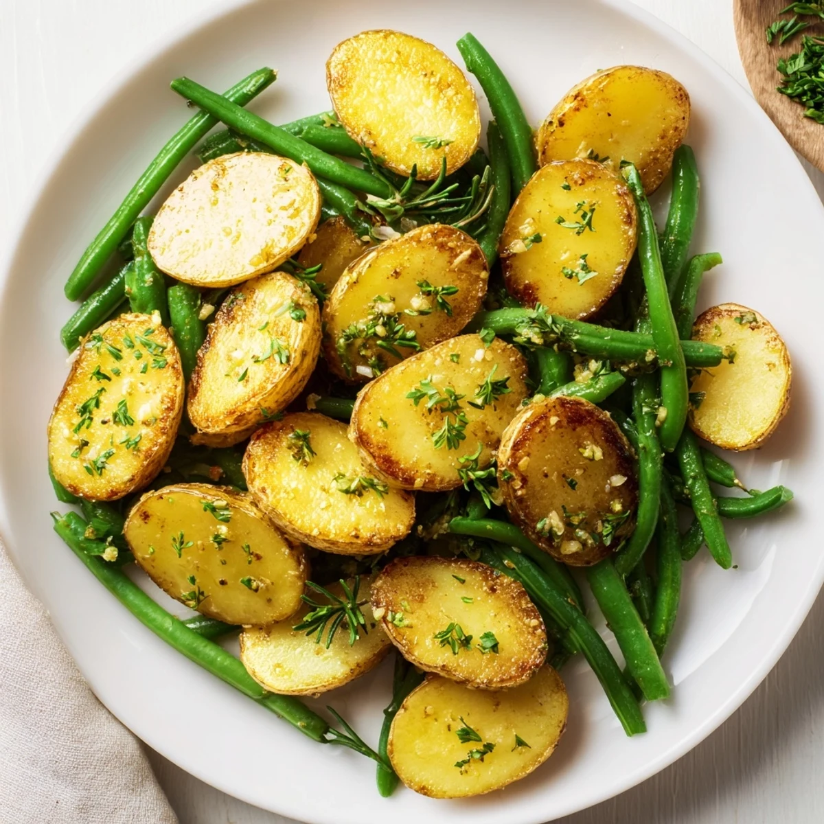 Platter of easy vegetarian side dish featuring roasted potatoes and green beans, garnished with fresh parsley and ready for a family dinner.