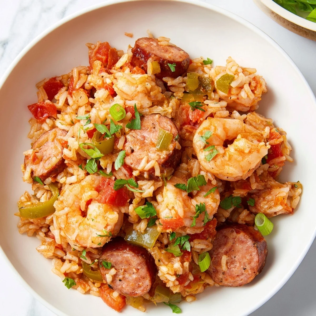 A vibrant, steaming bowl of Spicy Jambalaya with Shrimp and Turkey Sausage, garnished with fresh parsley and lemon wedges.  