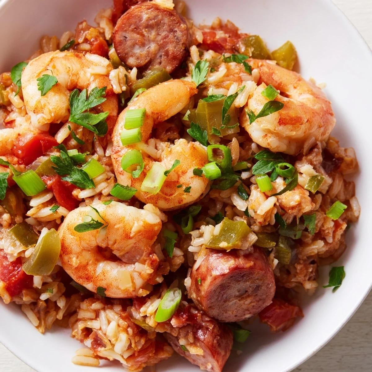 Close-up of Spicy Jambalaya with Shrimp and Turkey Sausage, featuring plump shrimp nestled in spiced, tomato-based rice.  
