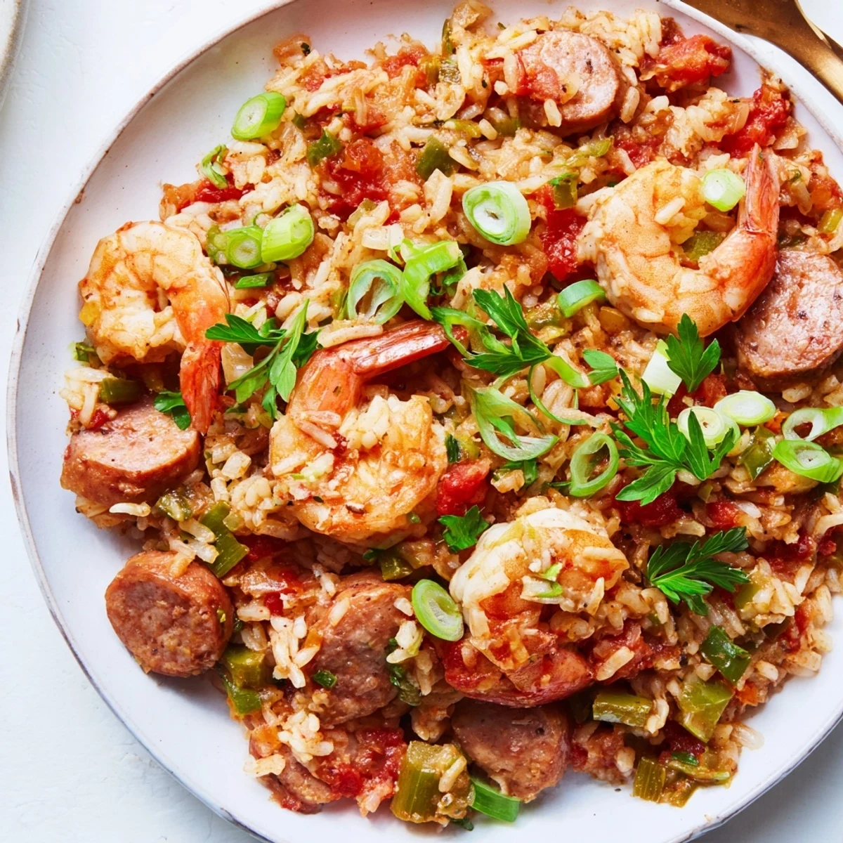 Hearty Spicy Jambalaya with Shrimp and Turkey Sausage served family-style, packed with colorful vegetables and bold Cajun spices.