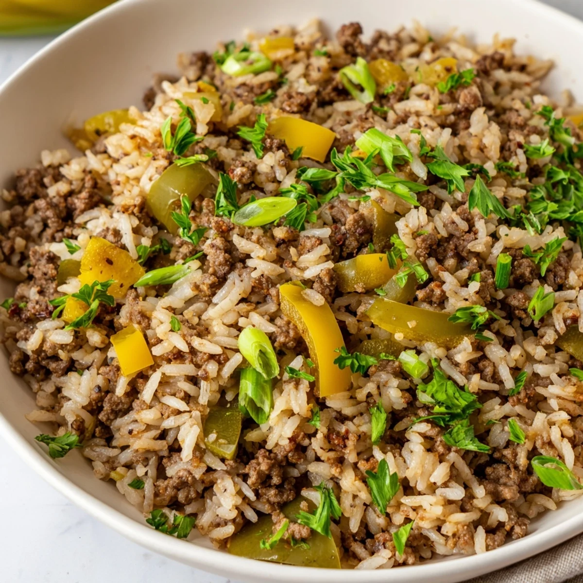 A bowl of Cajun dirty rice, packed with seasoned ground beef, bell peppers, and fluffy white rice, garnished with fresh parsley.