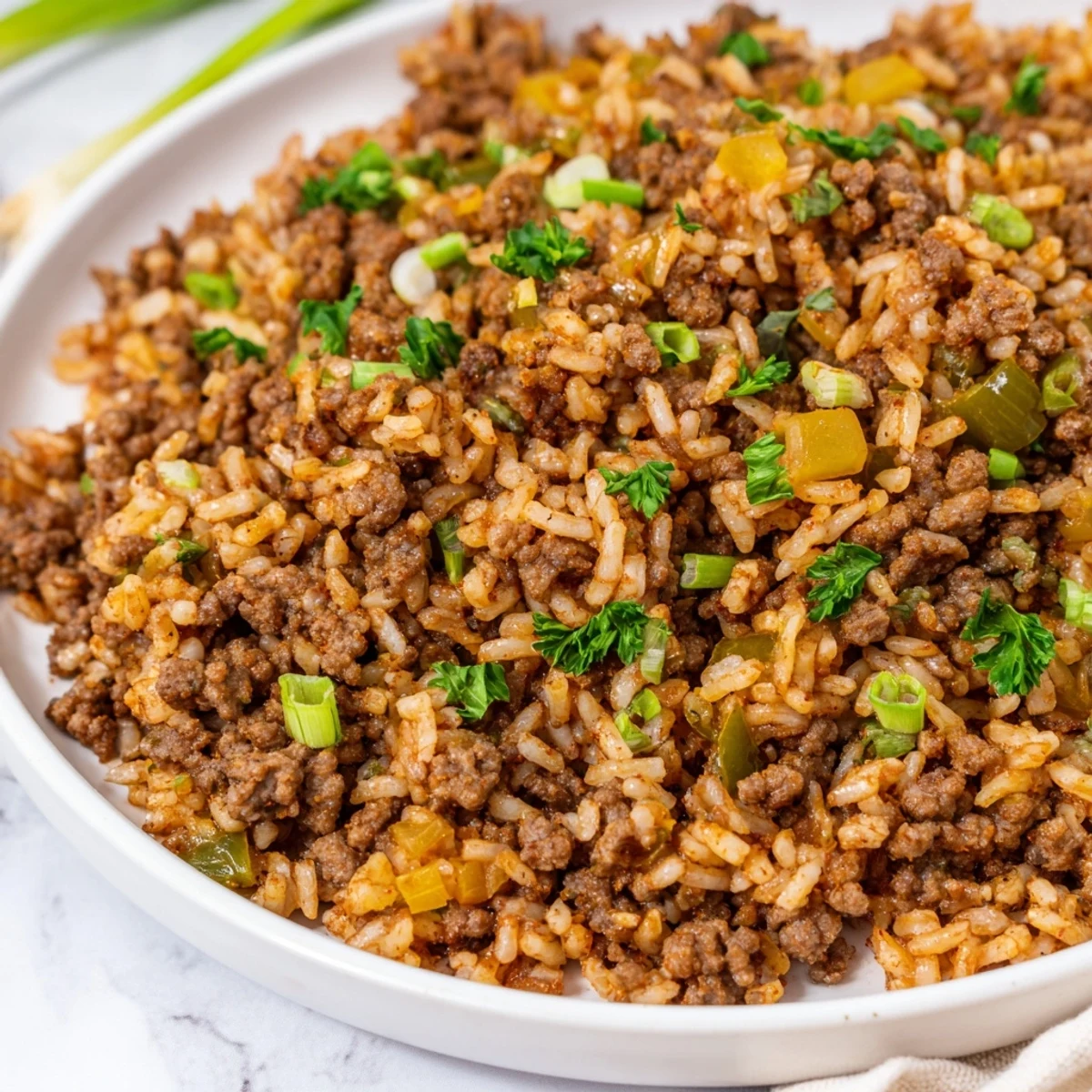 Cajun dirty rice in a rustic skillet, featuring savory ground beef and aromatic Cajun spices, ready to be served hot.