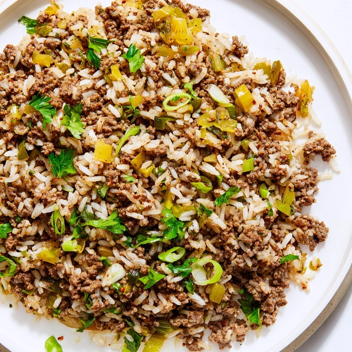 Close-up of Cajun dirty rice, highlighting tender ground beef, diced onions, and vibrant peppers mixed into the savory rice.