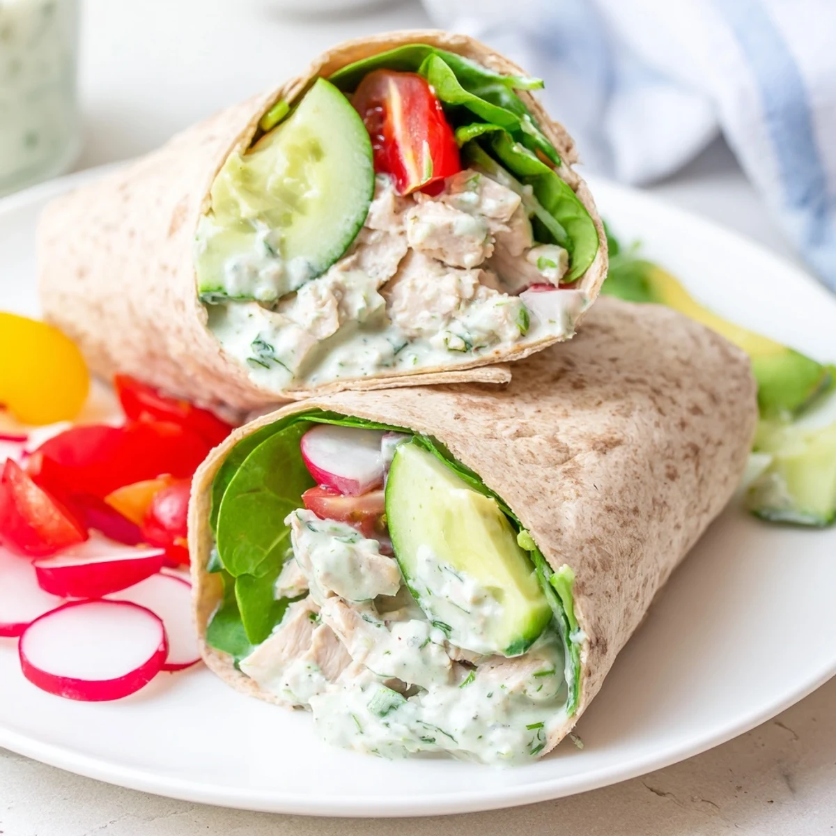 Freshly made Green Goddess chicken salad wraps filled with tender chicken, crisp cucumber slices, and creamy avocado on whole wheat tortillas.