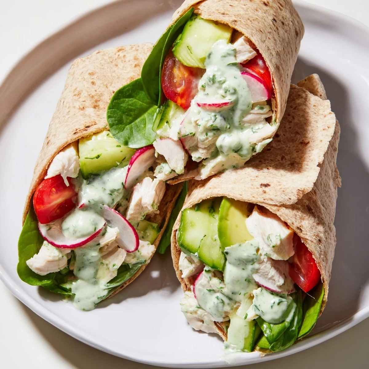 Perfect for a light lunch, these Green Goddess chicken salad wraps are wrapped in tortillas and drizzled with creamy herb dressing.