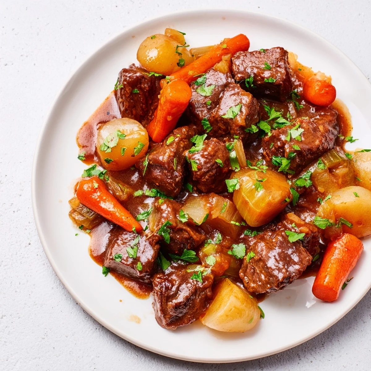 Tender beef and root vegetables simmer in a rich alcohol-free Guinness-style sauce for this hearty Irish Beef Stew.