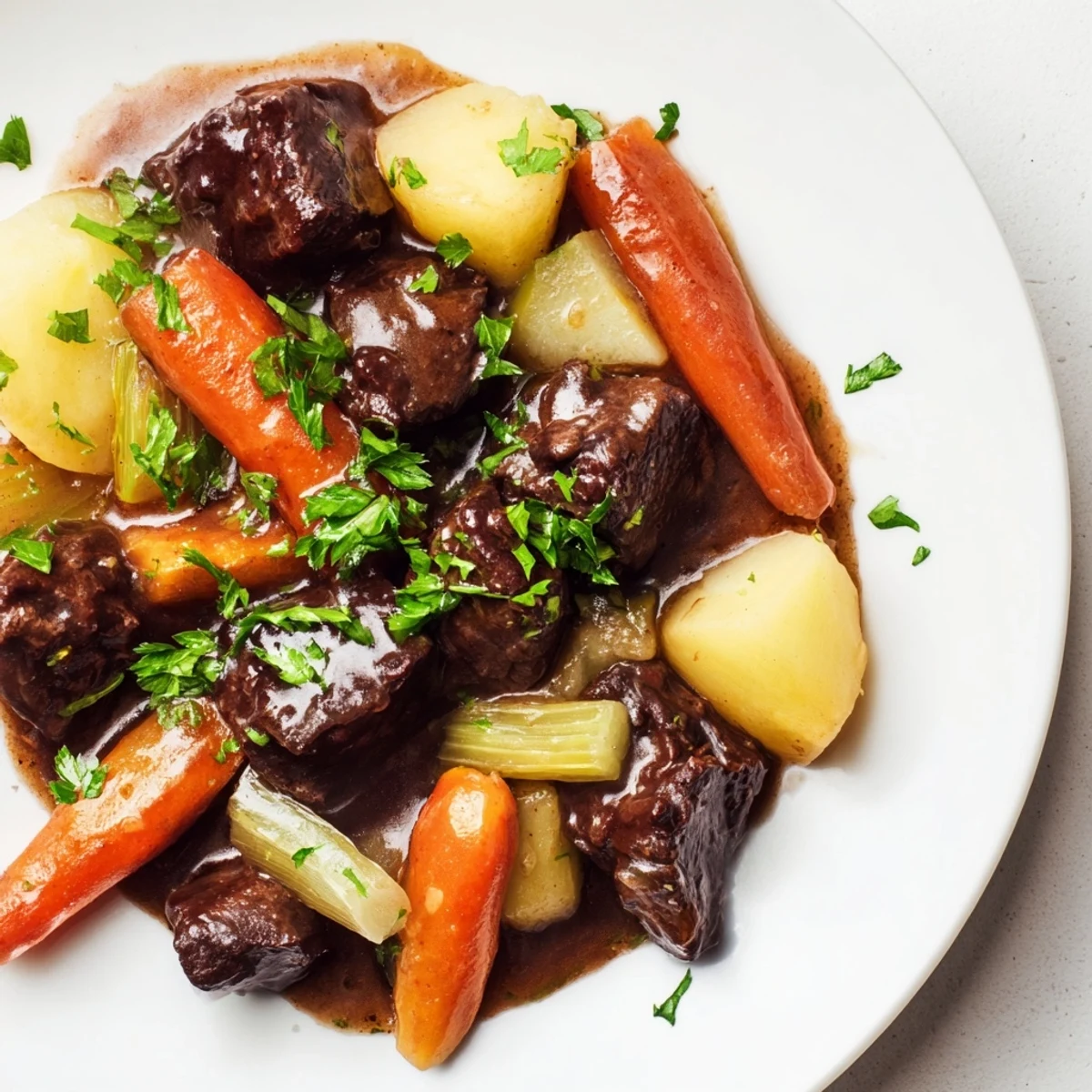 Golden potatoes and carrots soften in the malty broth of this classic Irish Beef Stew served with parsley.