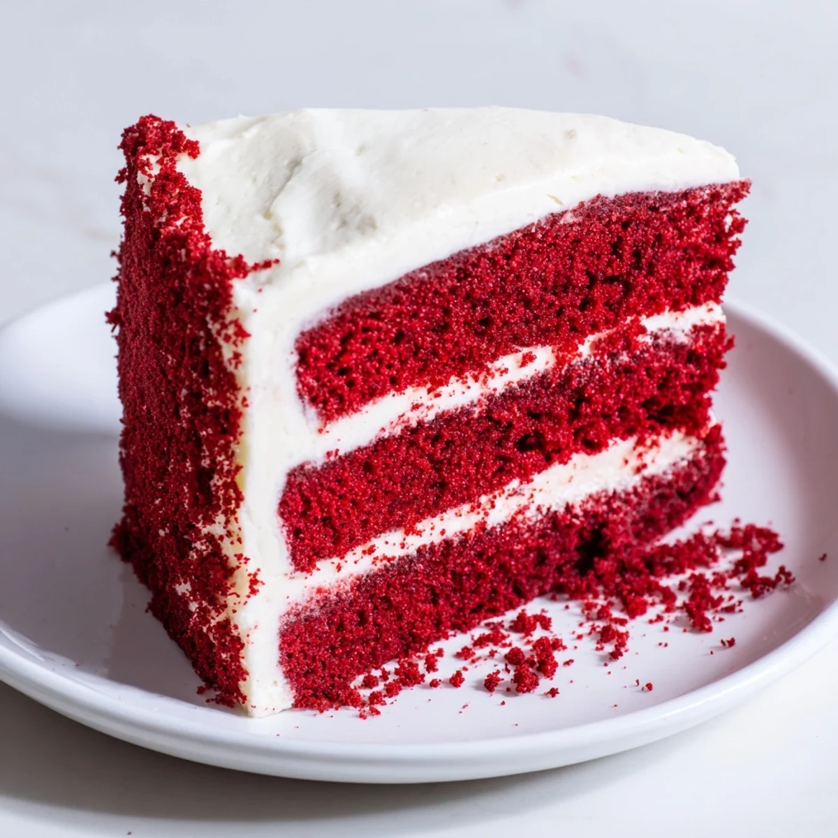 Freshly baked Red Velvet Layer Cake with Cream Cheese Frosting, with a moist red crumb and thick, tangy white frosting spread between layers.