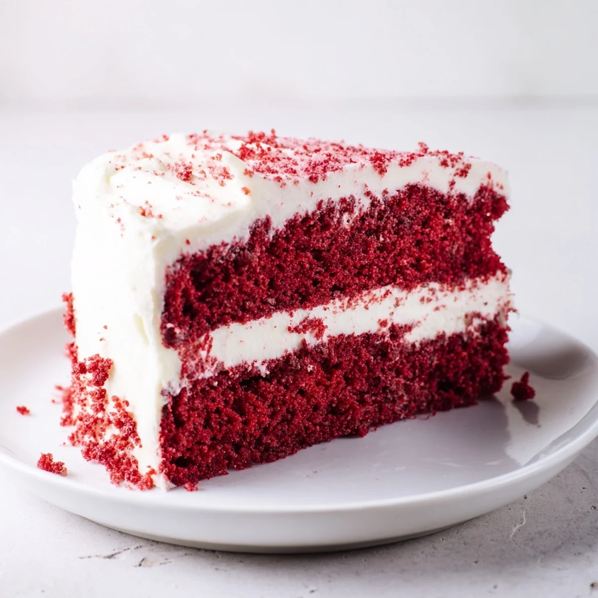 A close-up slice of Red Velvet Layer Cake with Cream Cheese Frosting, showing velvety red layers and creamy frosting on a dessert plate.