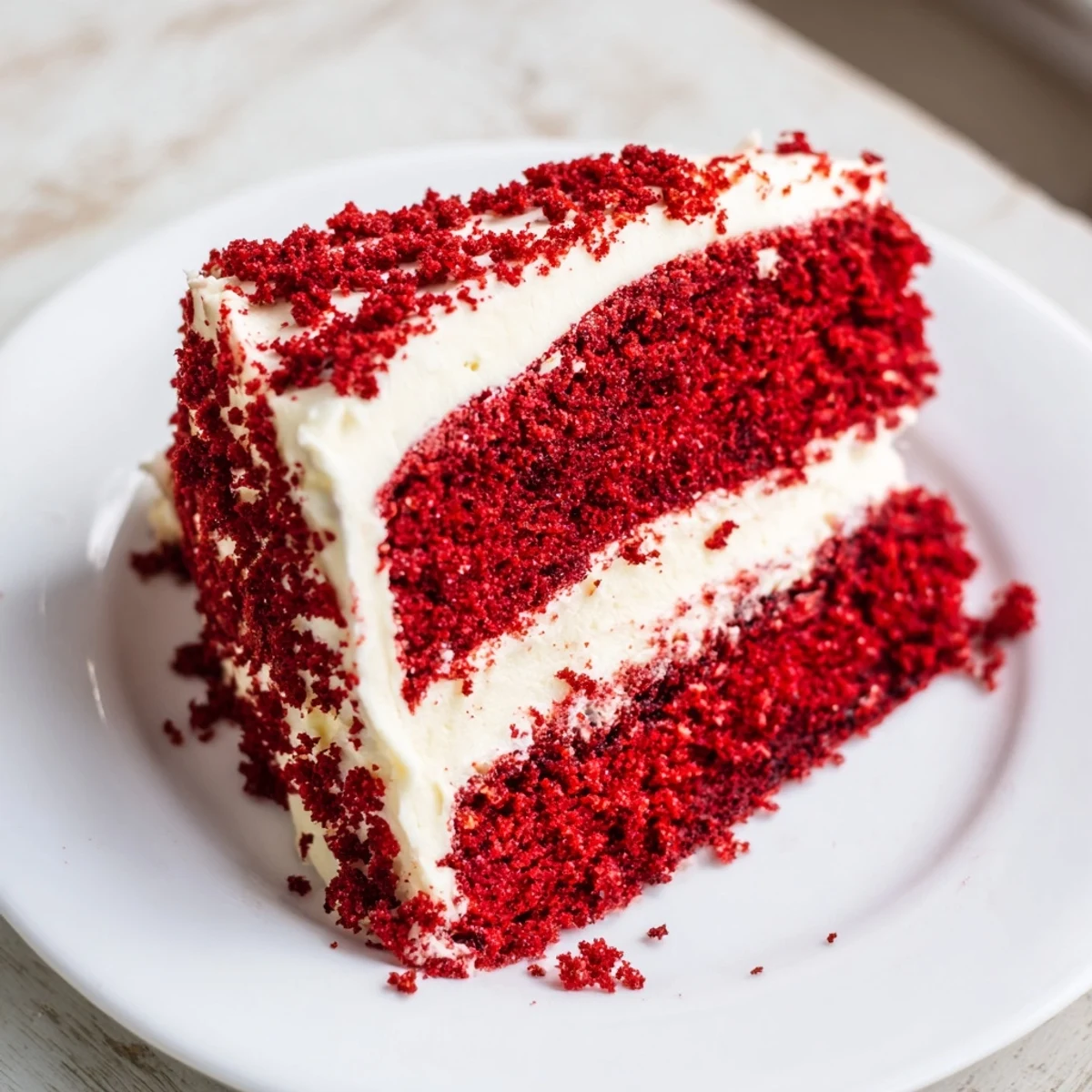 Whole Red Velvet Layer Cake with Cream Cheese Frosting decorated with crumbs, perfect for birthdays and American holiday celebrations.