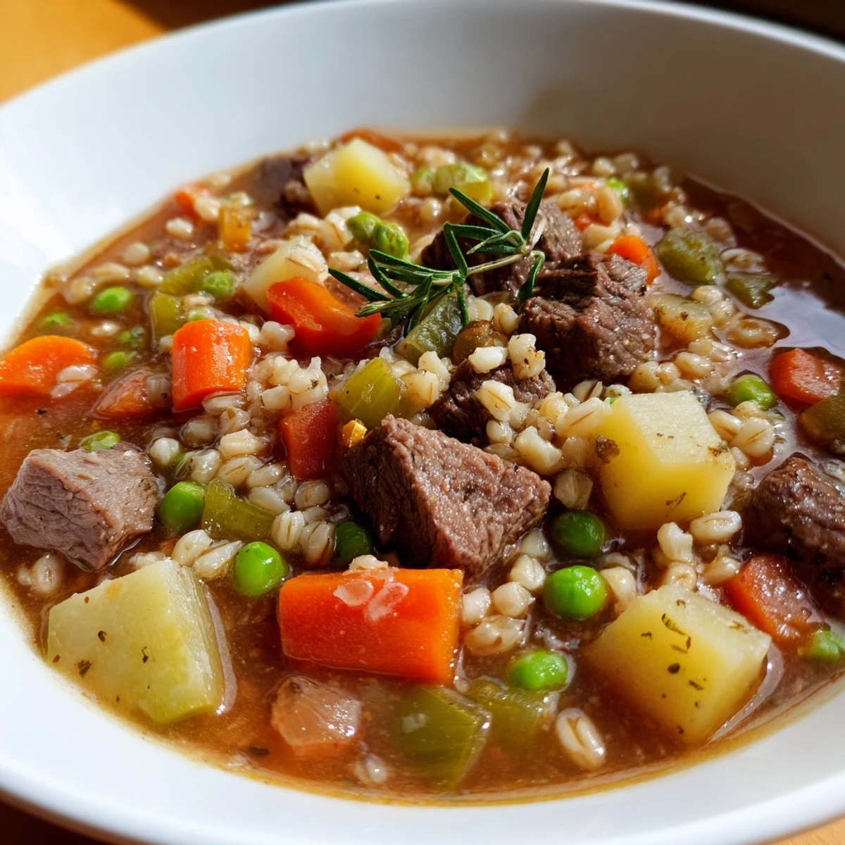 Steaming bowl of Hearty Beef and Barley Vegetable Stew with tender chunks and rustic vegetables.