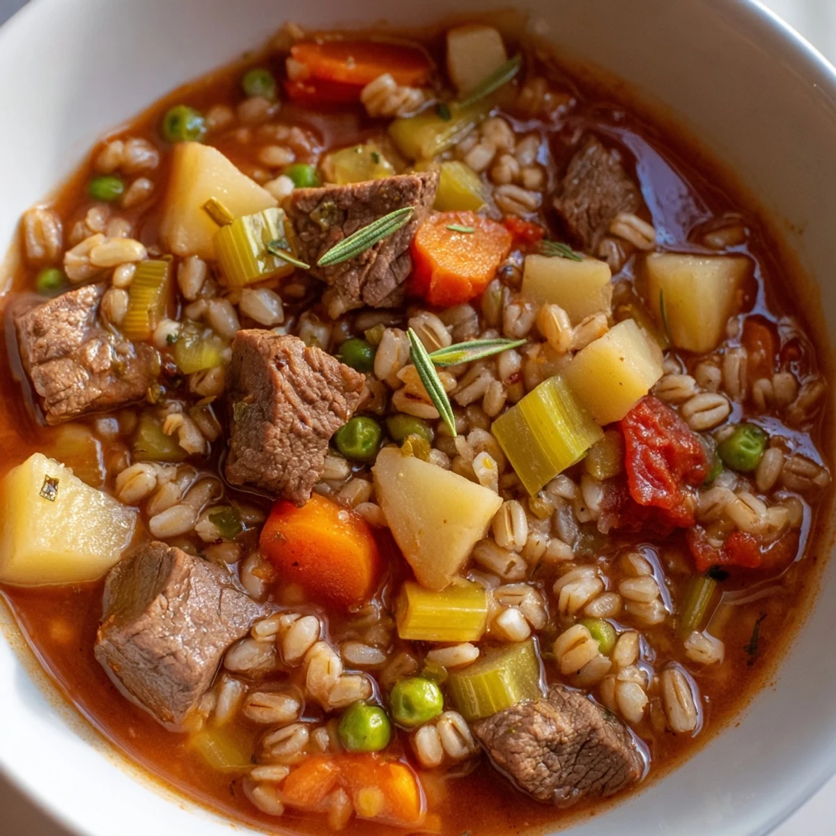 Close-up of Hearty Beef and Barley Vegetable Stew featuring rich broth, beef, barley, carrots, and peas.