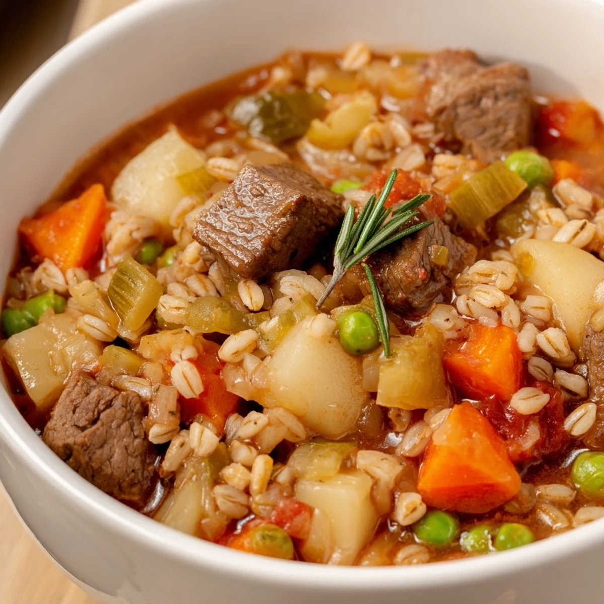 Hearty Beef and Barley Vegetable Stew served in a rustic bowl with crusty bread on the side.