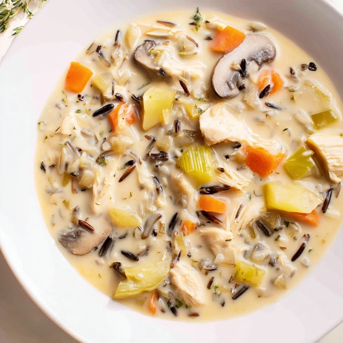 Steaming bowl of Instant Pot Chicken and Wild Rice Soup garnished with fresh parsley on a rustic table.