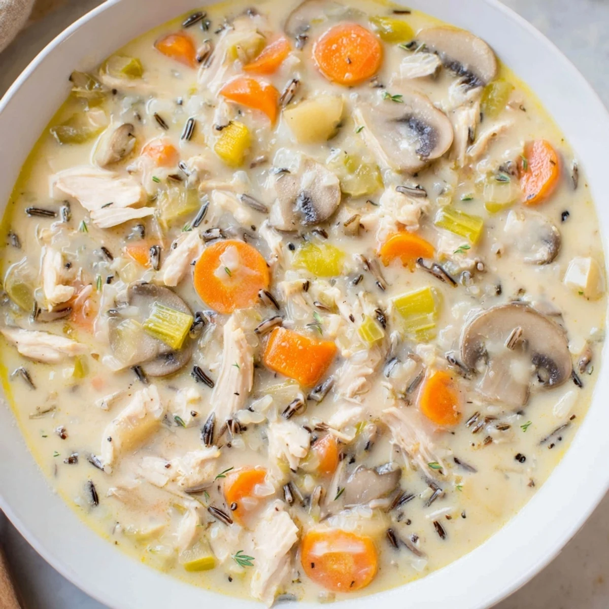 Hearty Instant Pot Chicken and Wild Rice Soup with tender chicken and creamy broth in a cozy kitchen.