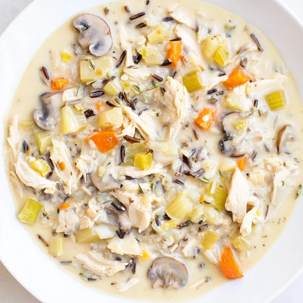 Spoon lifting a ladle of Instant Pot Chicken and Wild Rice Soup beside crusty bread on a napkin.