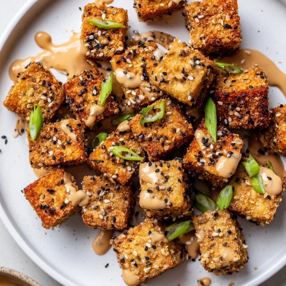 Crispy baked tofu coated in golden brown edges and drizzled with creamy spicy peanut sauce for dipping.