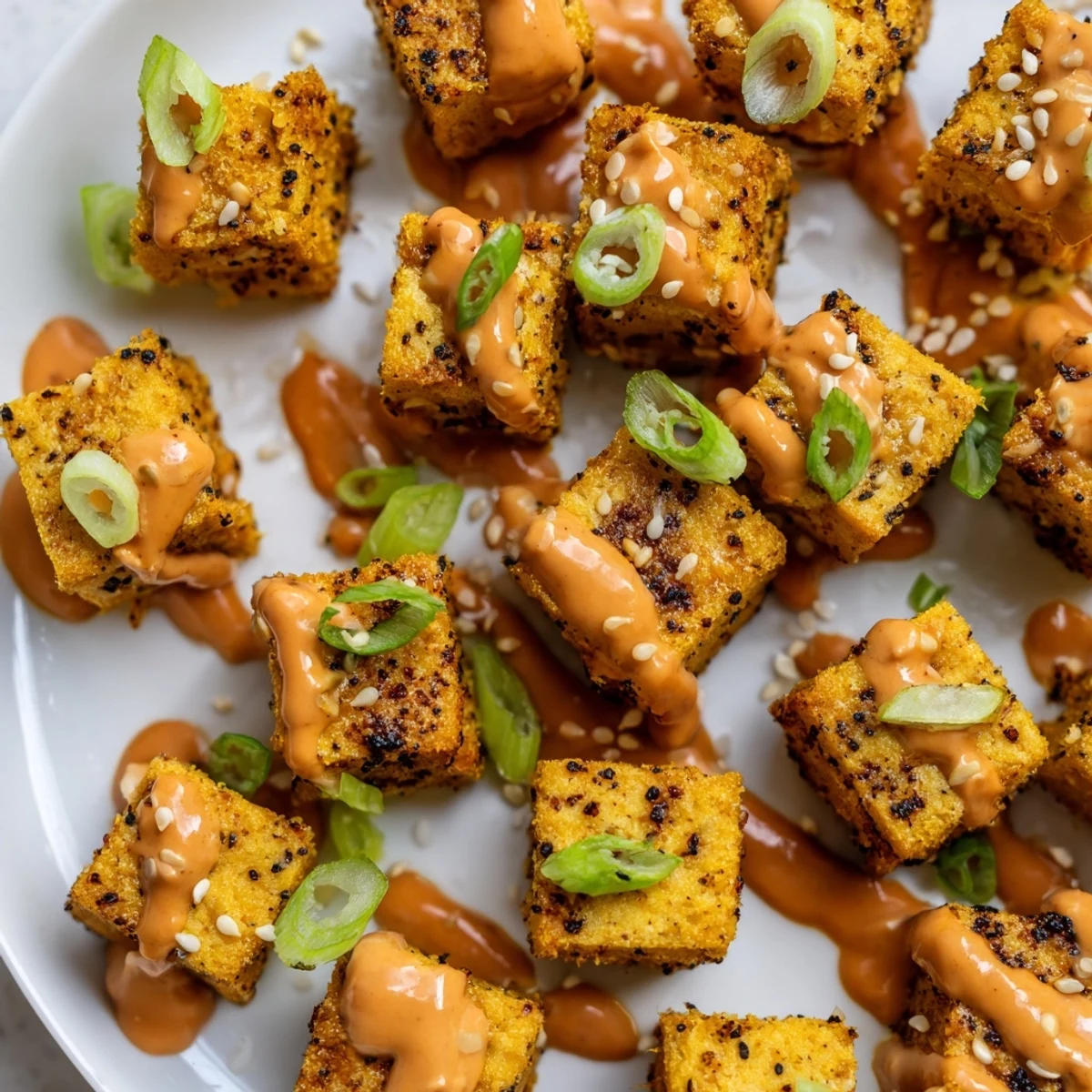 Crispy baked tofu bites with spicy peanut sauce garnished with green onions and sesame seeds.