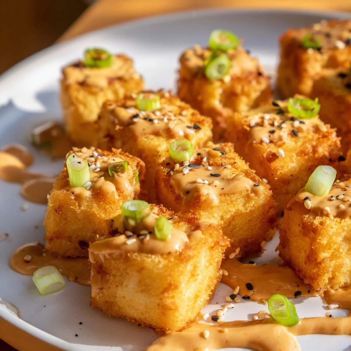 Crispy baked tofu arranged on a plate with steamed jasmine rice and a small bowl of spicy peanut sauce.