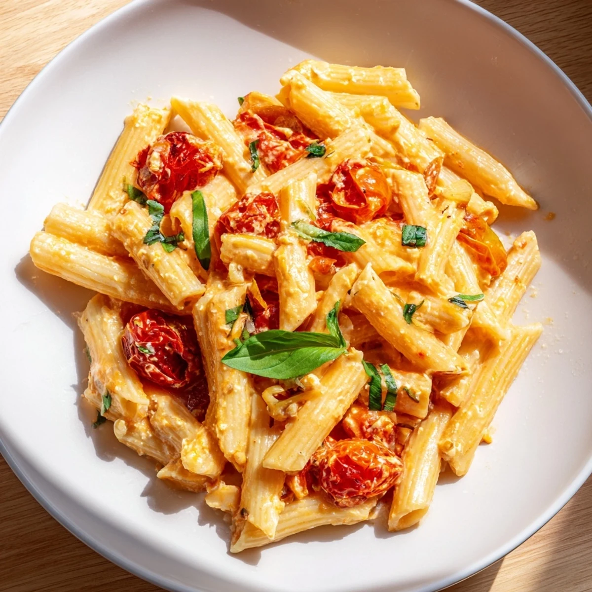 Golden roasted cherry tomatoes and creamy baked feta cheese meld into a luscious sauce for this Baked Feta Pasta with Cherry Tomatoes and Basil, garnished with fresh green leaves.