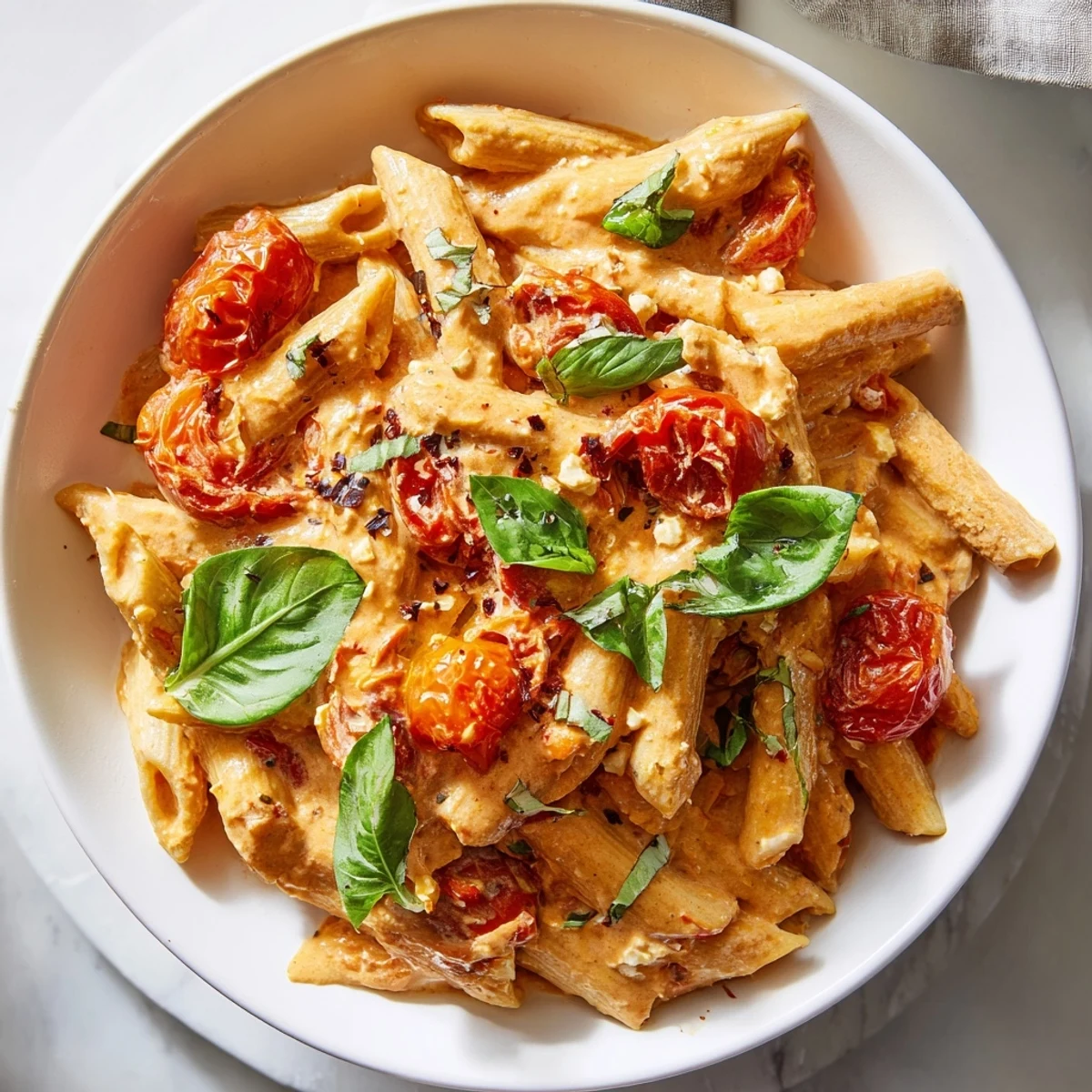 Baked Feta Pasta with Cherry Tomatoes and Basil is served hot, showcasing the glossy red sauce and torn basil leaves on a white ceramic plate.