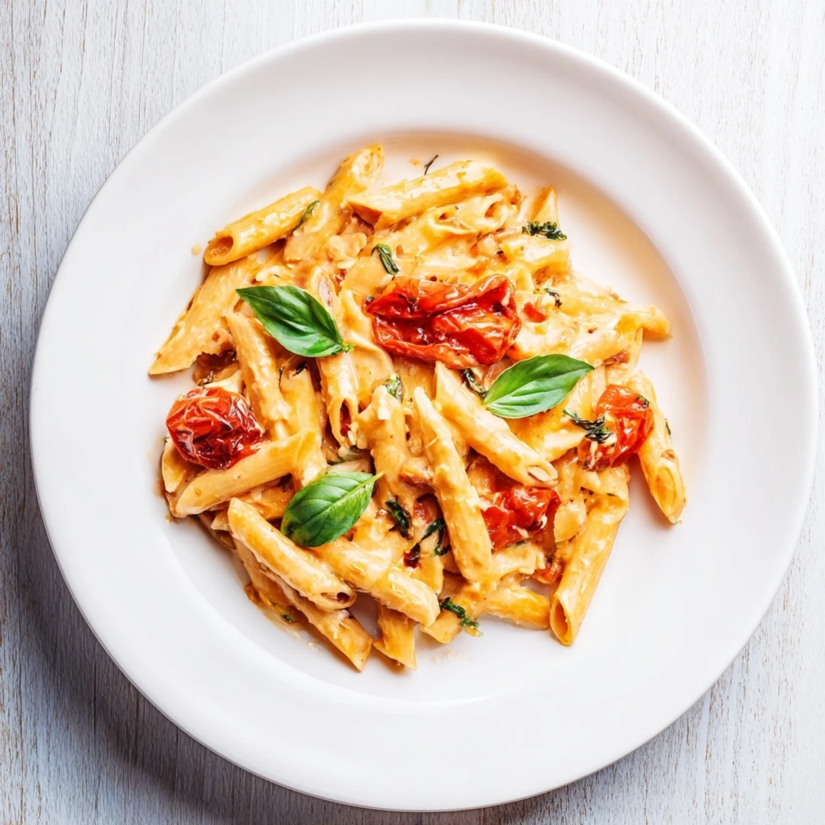 A steaming bowl of Baked Feta Pasta with Cherry Tomatoes and Basil features al dente penne tossed in a vibrant, savory tomato and herb mixture.