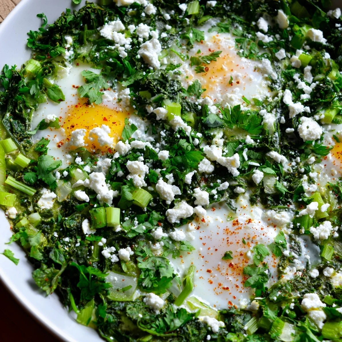 Fork-tender eggs nestled in wilted spinach and kale, topped with crumbled feta in a vibrant Green Shakshuka.