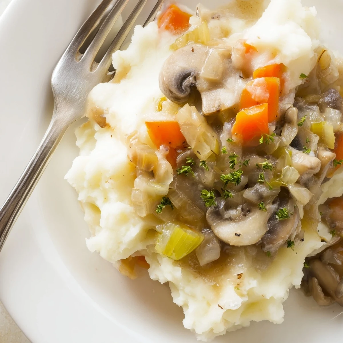 Tender cremini mushrooms and soft leeks simmer in a rich gravy beneath fluffy potato topping.