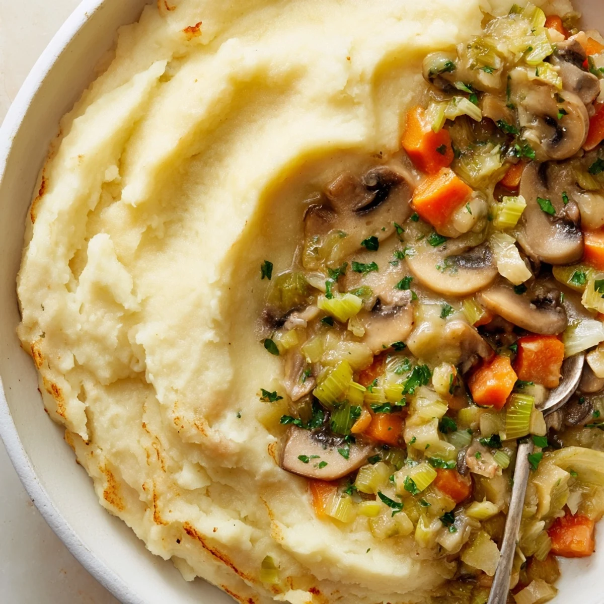 Golden brown ridged mashed potatoes cover a creamy mushroom and leek shepherds pie filling in a baking dish.