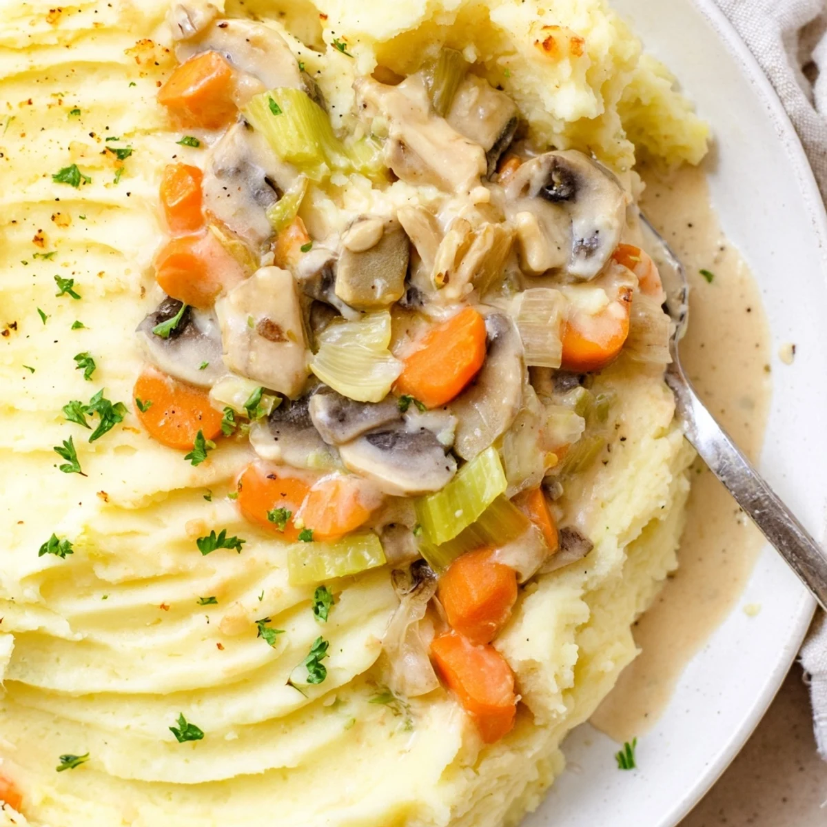 A rustic vegetarian shepherds pie served hot from the oven with fresh thyme garnish on a table.