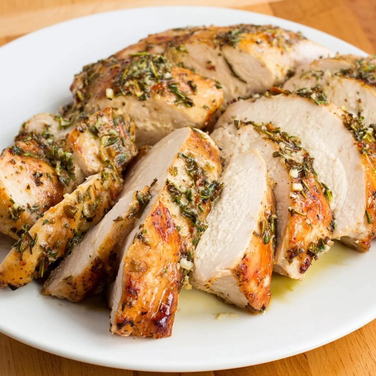 Golden-brown Savory Herb Roasted Turkey Breast rests on a platter surrounded by roasted carrots, celery, and onion.
