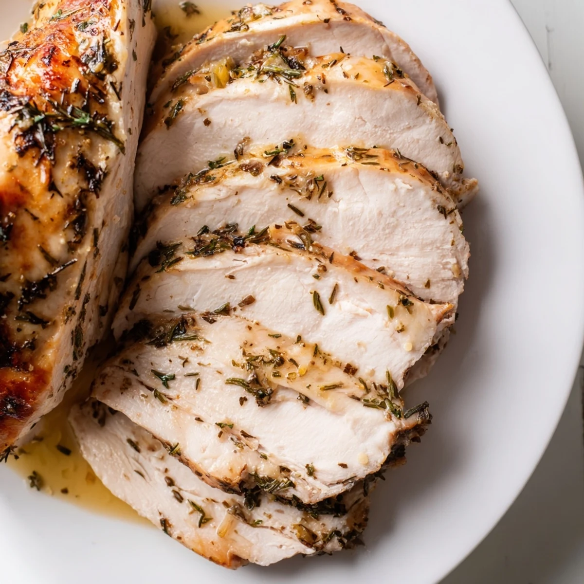 A close-up of Savory Herb Roasted Turkey Breast reveals juicy white meat under crispy, herb-speckled golden skin.