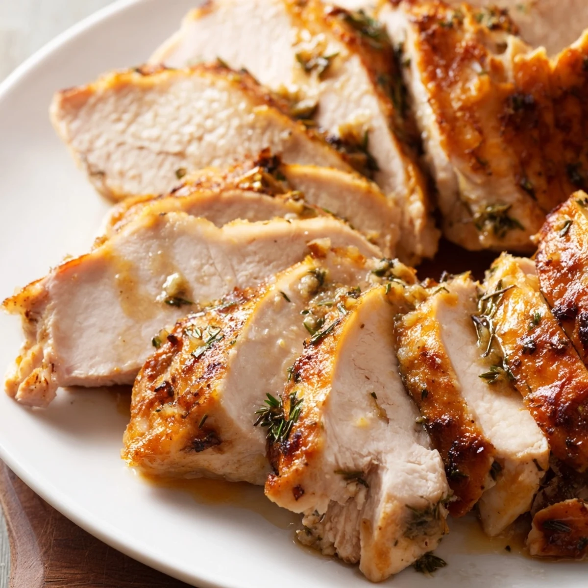 Sliced Savory Herb Roasted Turkey Breast is arranged on a serving dish with gravy and cranberry sauce for a family dinner.