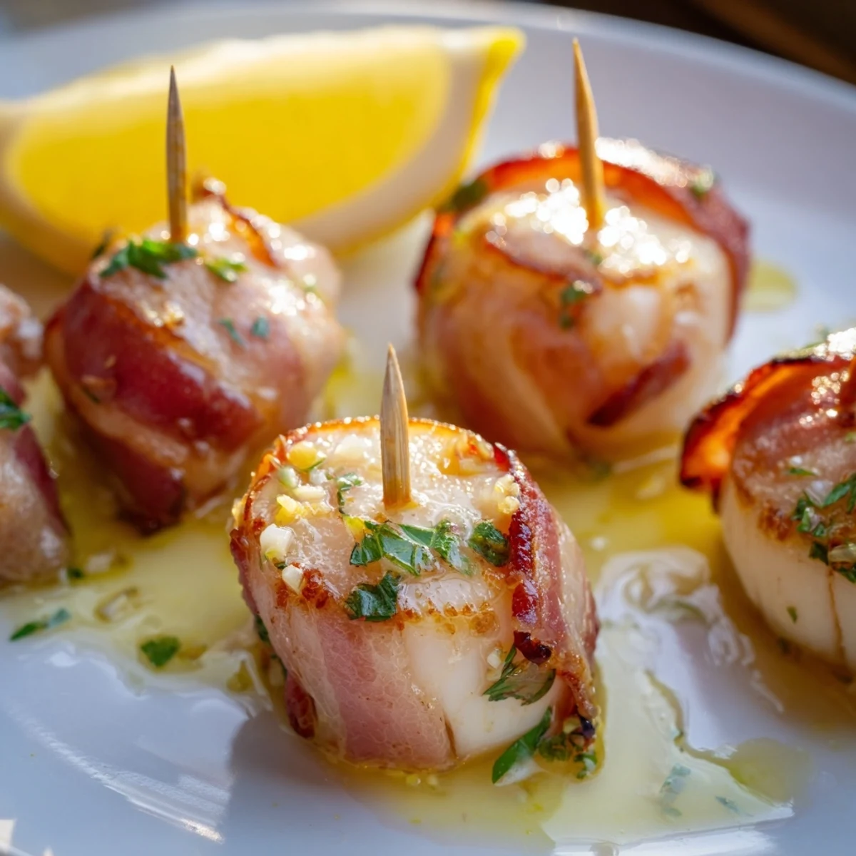 Tender sea scallops in crispy beef bacon, served warm with a buttery garlic sauce and bright lemon for a flavorful appetizer.