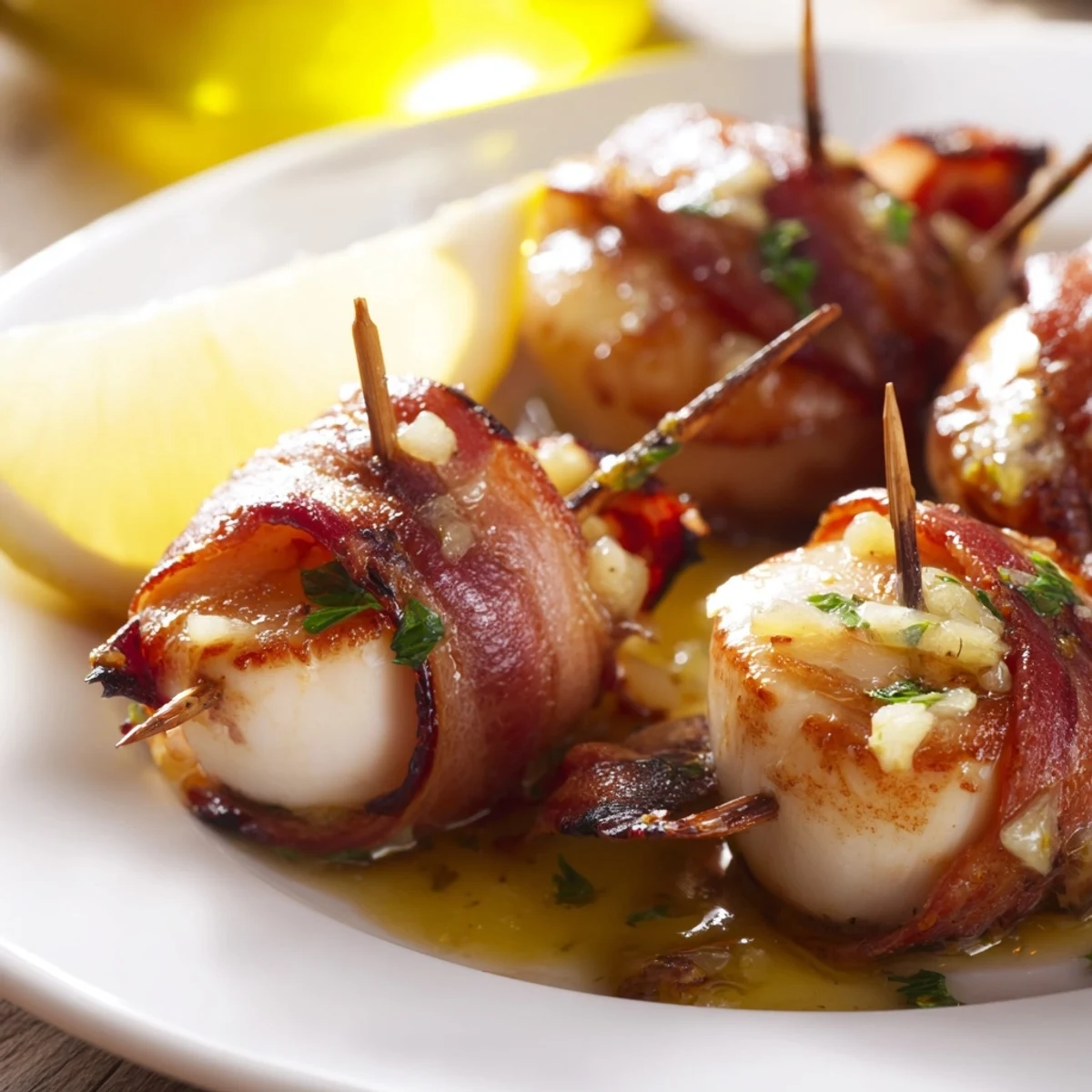 Beef Bacon Wrapped Scallops with Garlic Butter plated elegantly, showcasing golden bacon, opaque scallops, and a glistening garlic butter drizzle.