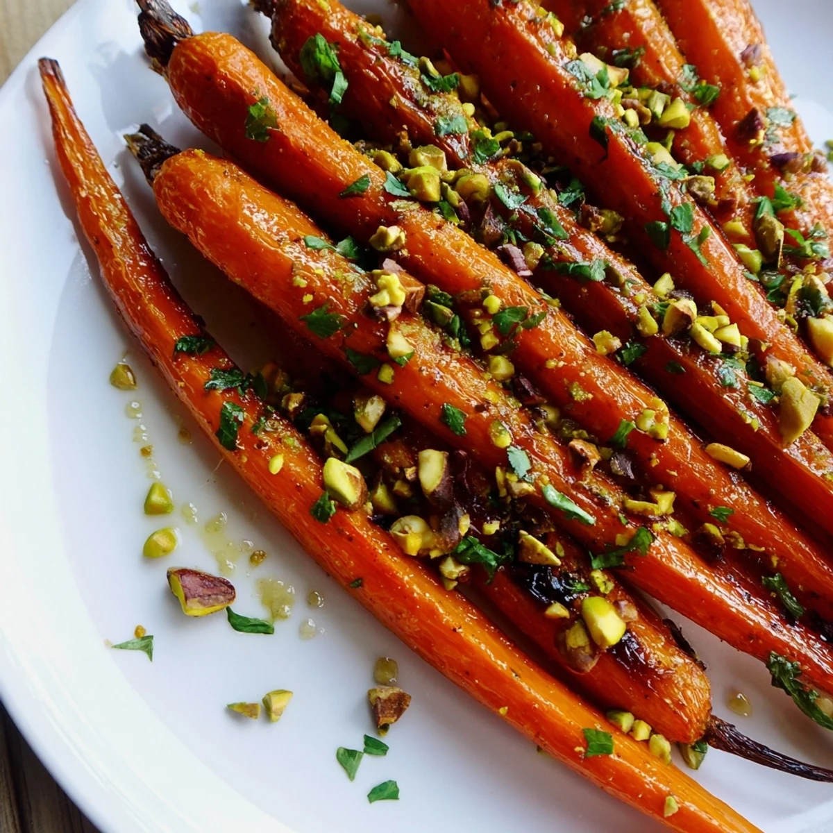 Tender roasted carrots with honey and pistachios glistening on a rustic platter, ready to serve warm as a vibrant side dish.
