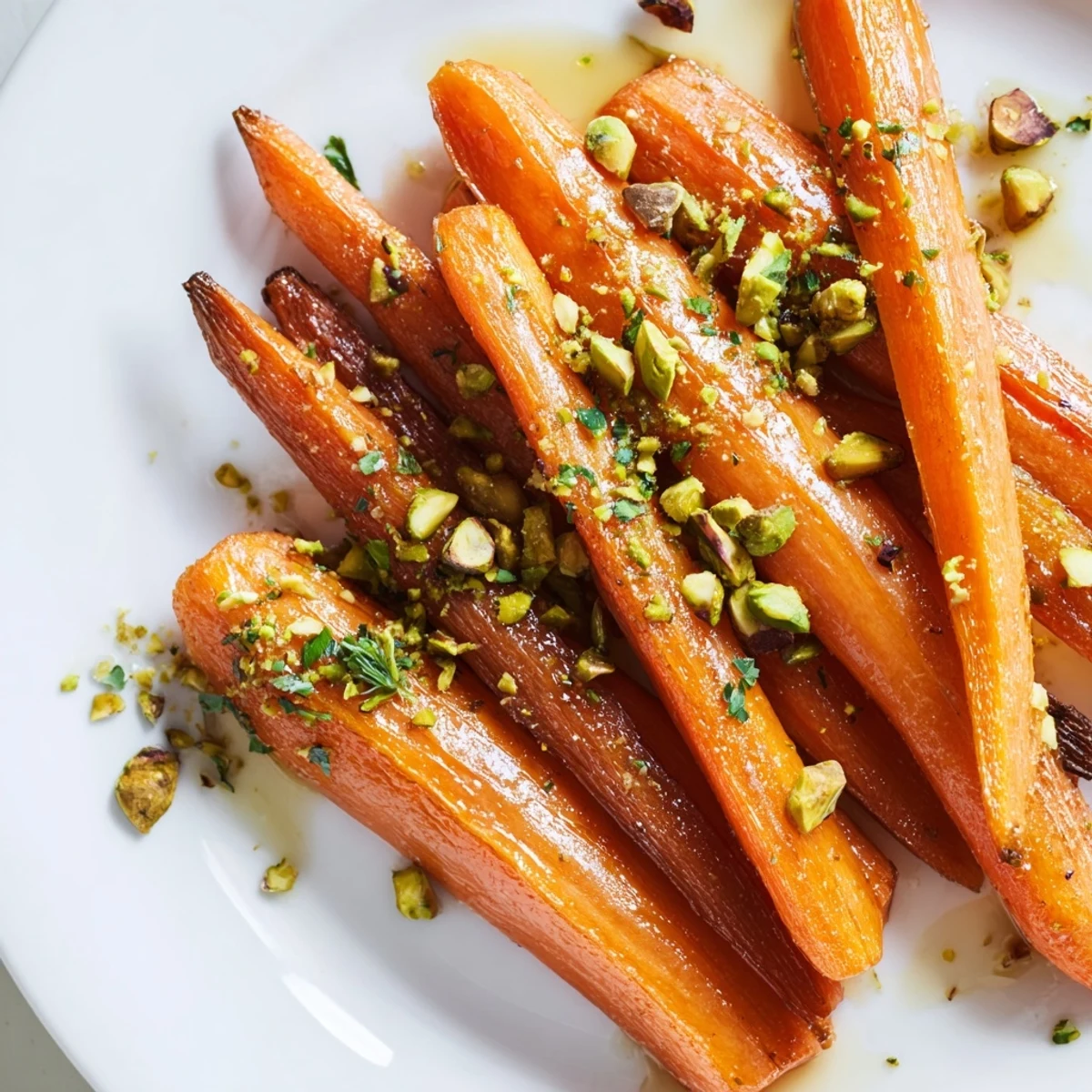 Golden honey-glazed roasted carrots topped with crunchy pistachios and fresh parsley, perfect for a Mediterranean-inspired vegetarian dinner.