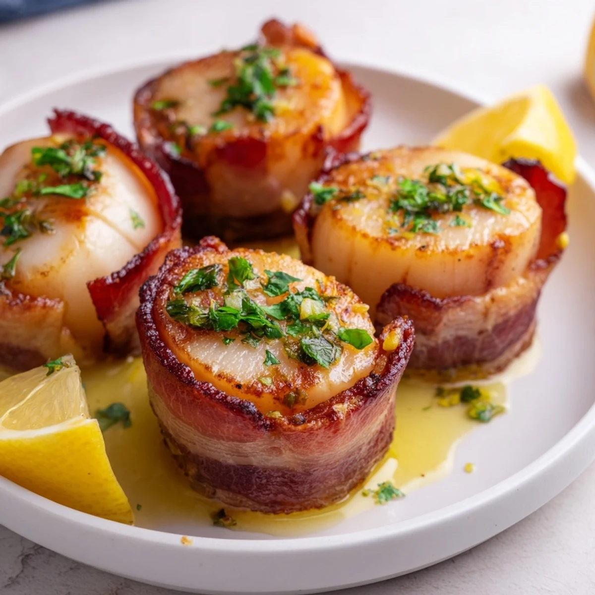 Golden seared Beef Bacon Wrapped Scallops with Lemon Butter glistening on a white plate, garnished with fresh parsley.