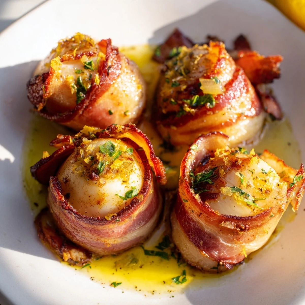 Warm Beef Bacon Wrapped Scallops with Lemon Butter arranged on a wooden board, showcasing the crispy bacon and tender scallops.