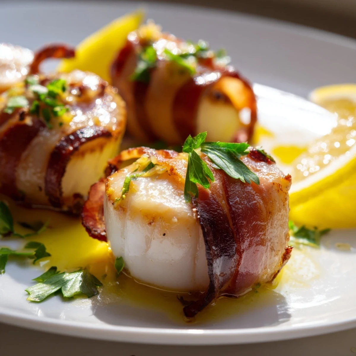 Platter of Beef Bacon Wrapped Scallops with Lemon Butter, drizzled with sauce and served beside a crisp salad.