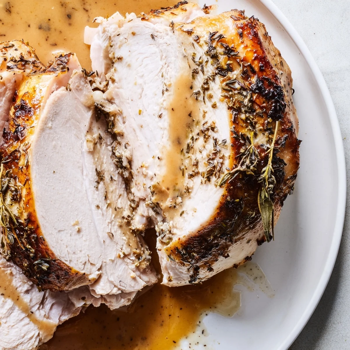 Roasted turkey breast topped with savory herb butter on a rustic platter next to rich gravy and green beans.