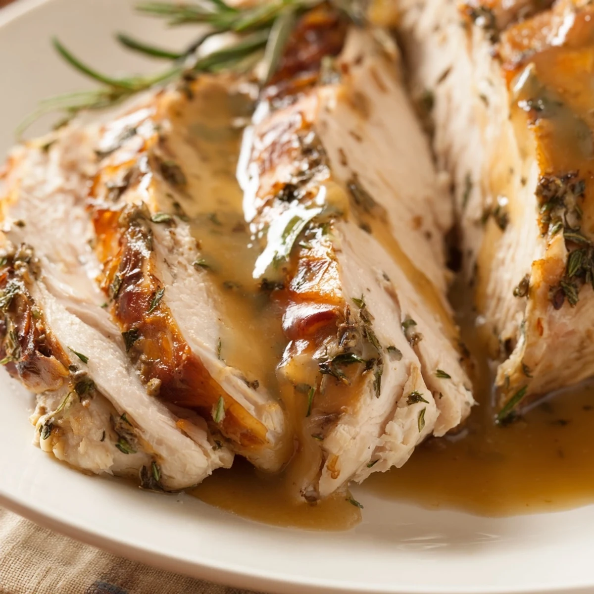 Savory Herb Roasted Turkey Breast with Gravy sits carved beside golden roasted carrots and celery in a farmhouse kitchen.