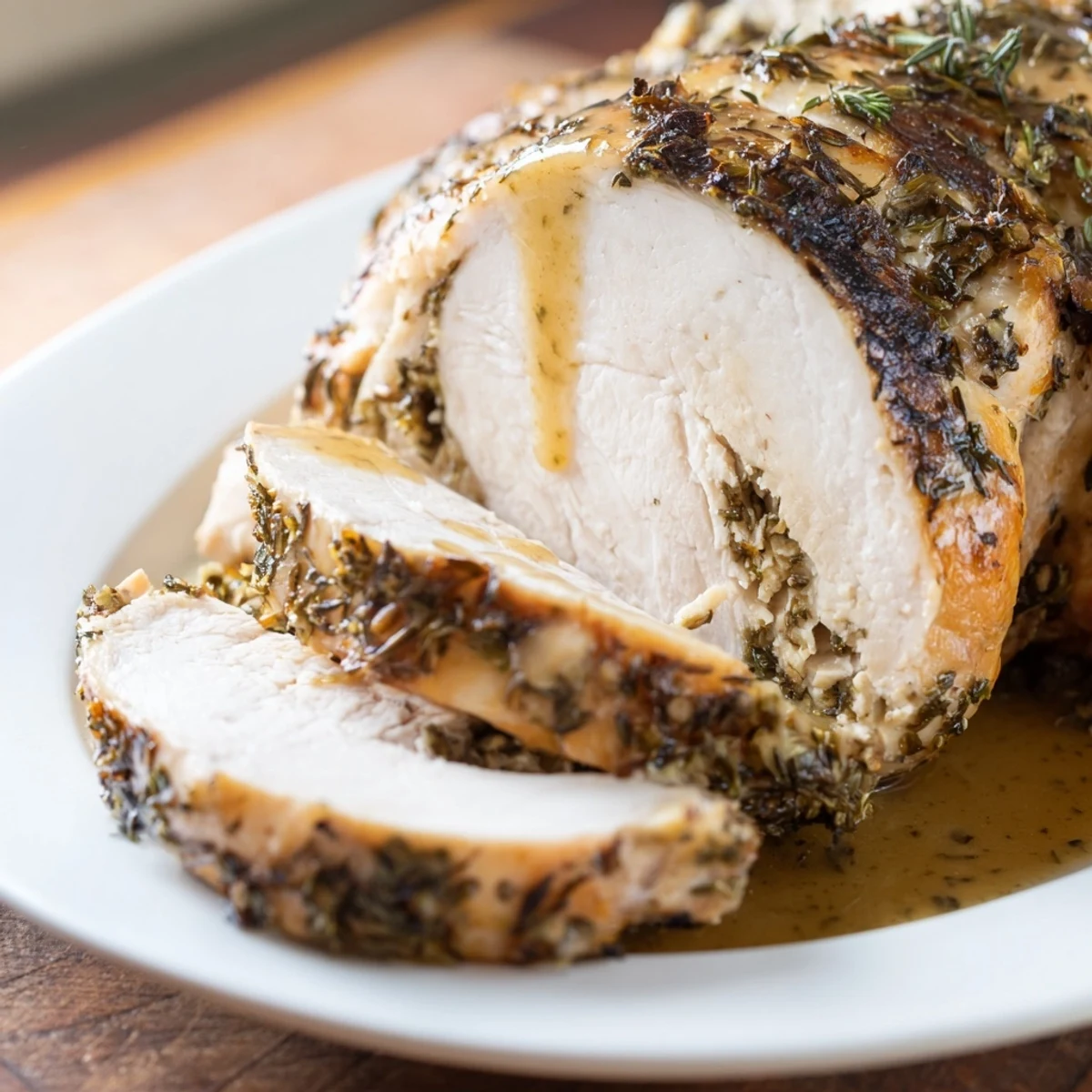Juicy herb-crusted turkey breast drizzled with homemade gravy served with cranberry sauce for a festive family dinner.