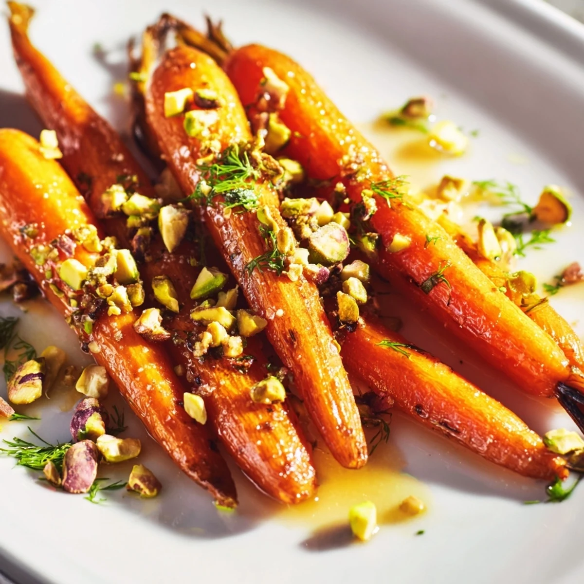 Caramelized roasted carrots glisten with honey and are topped with crunchy toasted pistachios on a white plate.
