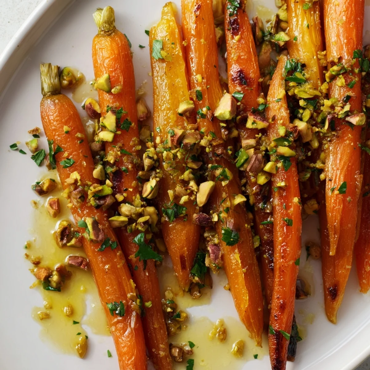 Roasted carrots with honey and toasted pistachios served warm as an easy side dish for dinner.