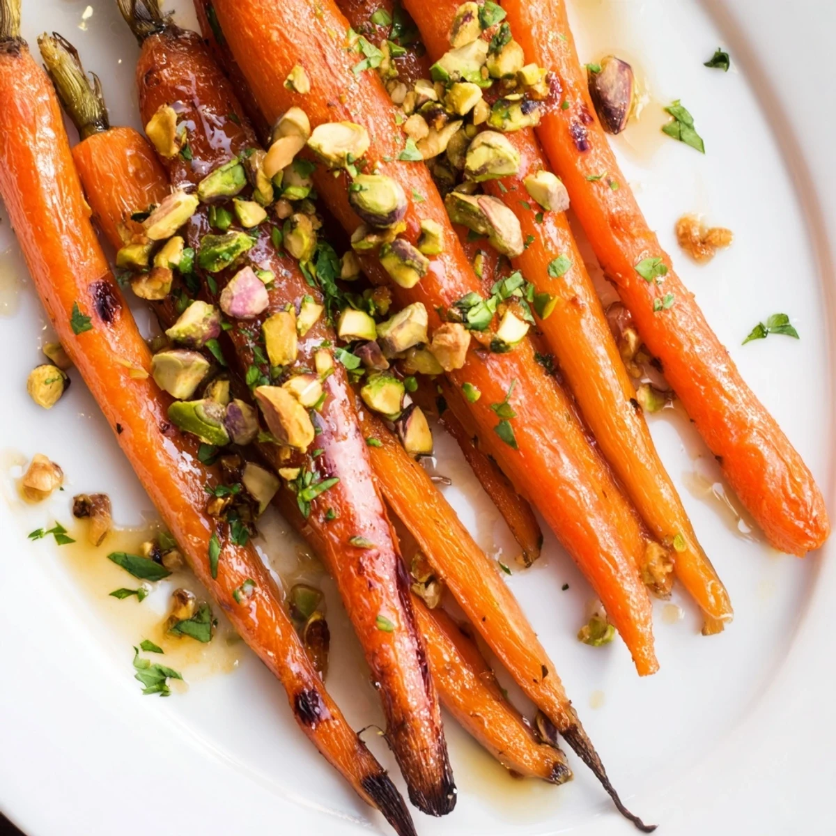 A close-up of roasted carrots with honey drizzle and toasted pistachios, garnished with fresh parsley for color.